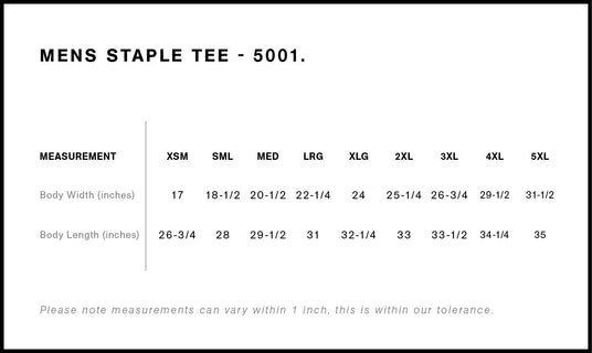 AS Colour 5001 Size Chart